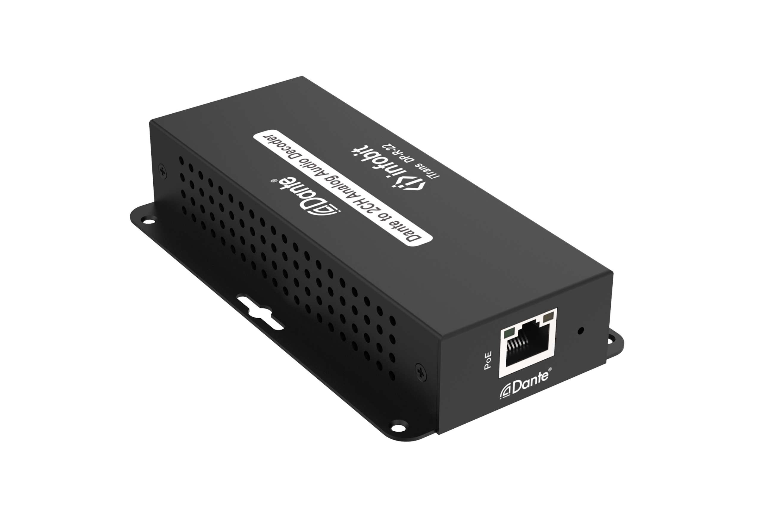 Infobit, iTrans DP-R-22, 2-х канальный аналоговый аудиокодер Dante приемник (Rx) с PoE, порт phoenix